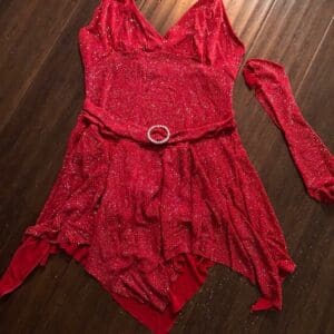 front view of Red Rhinestone Halter Asymmetrical Performance Dress