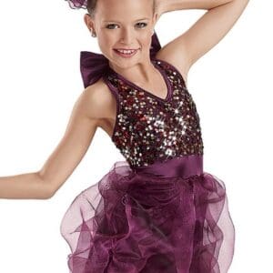 front view of Plum Sequin Organza Tutu Dance Performance Dress