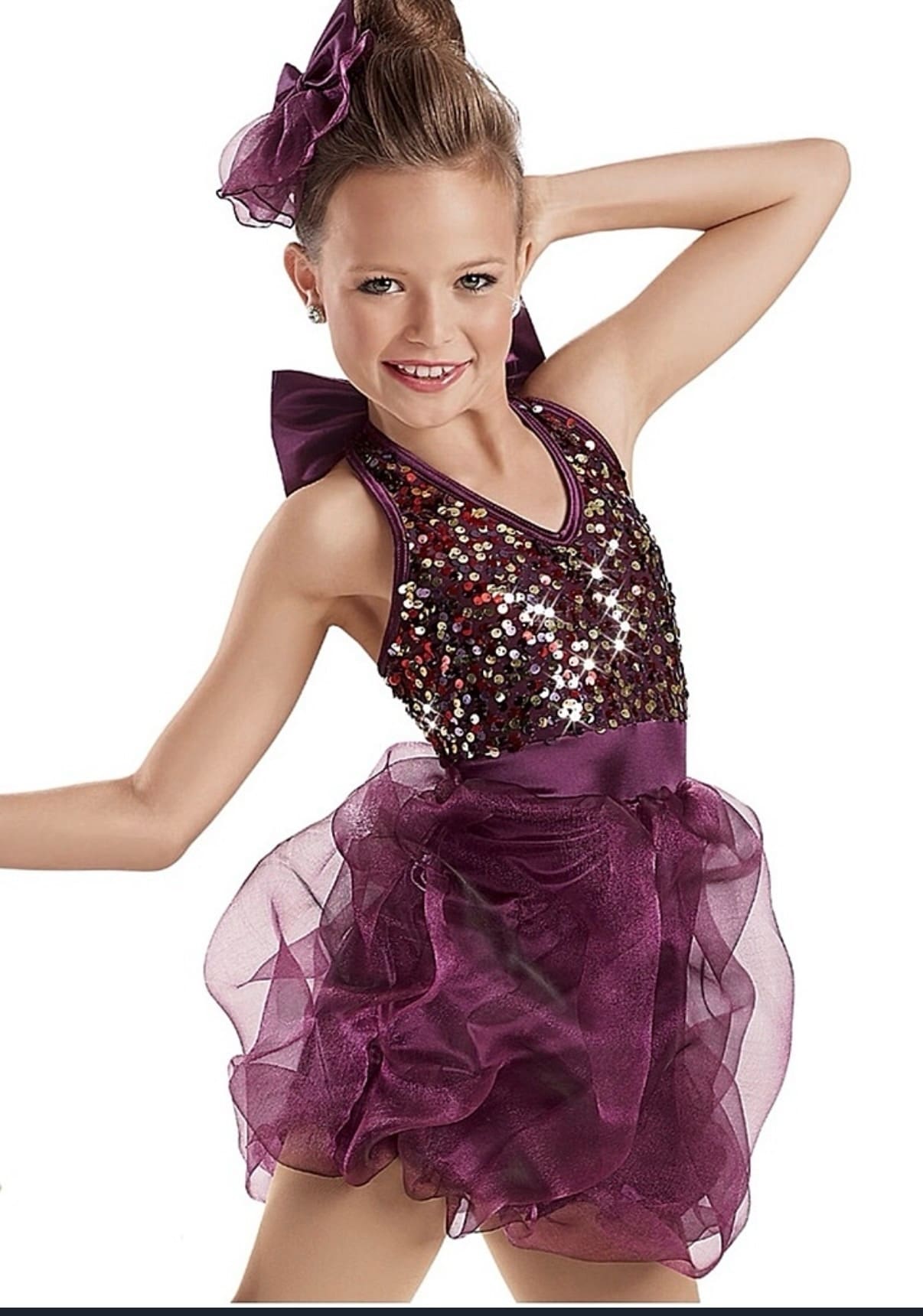 front view of Plum Sequin Organza Tutu Dance Performance Dress