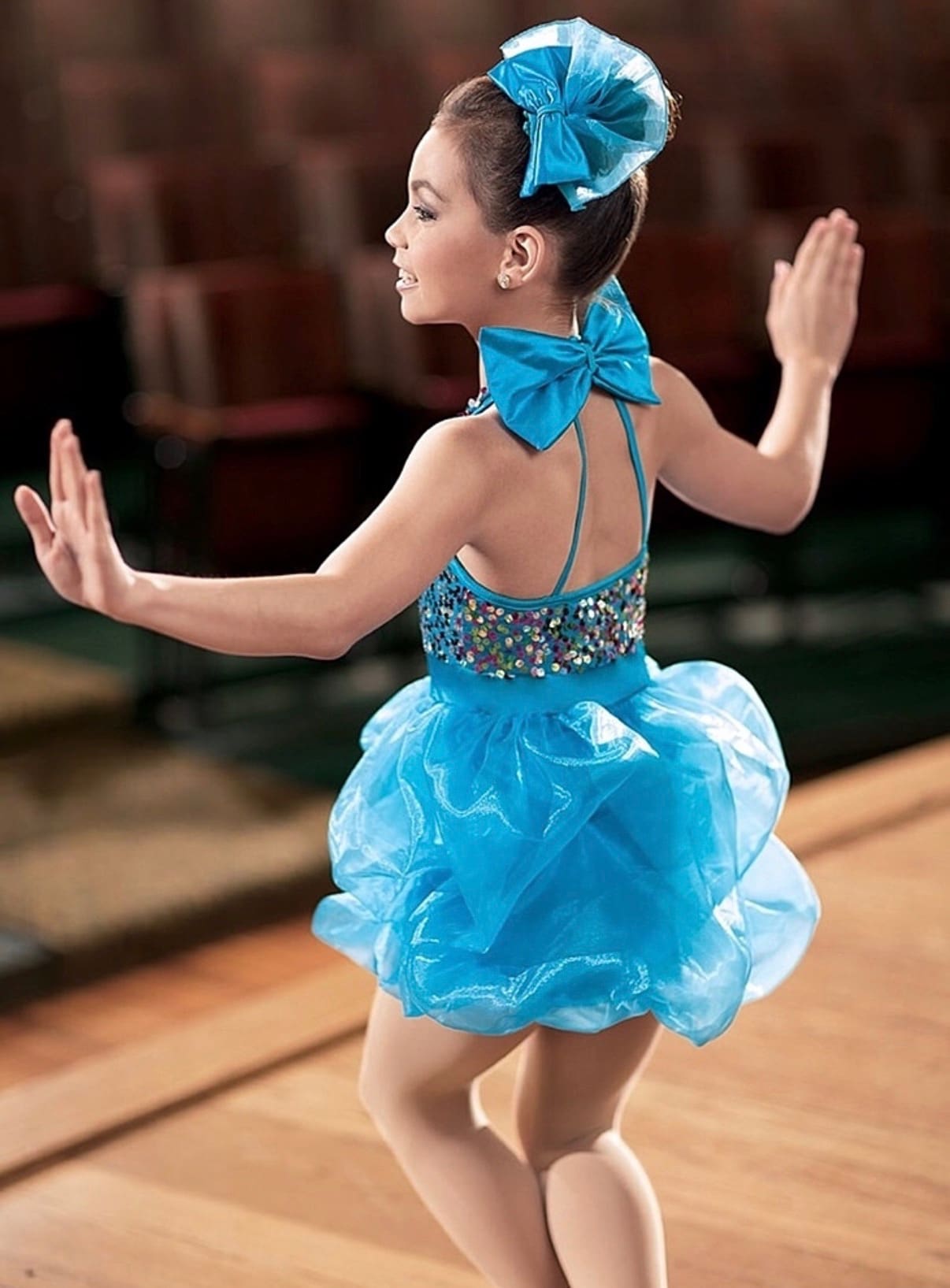 front view of Turquoise Sequin Bubble Skirt Dance Performance Dress