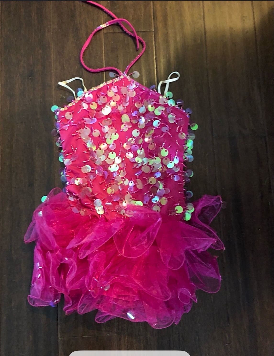 front view of Hot Pink Iridescent Sequin Ruffle Tutu Performance Dress