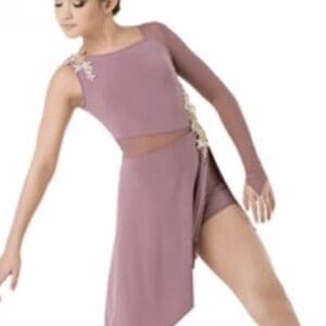 front view of Mauve Gold Applique Asymmetrical Lyrical Performance Dress