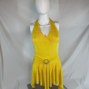 front view of Yellow Sparkle Halter Asymmetrical Performance Dress