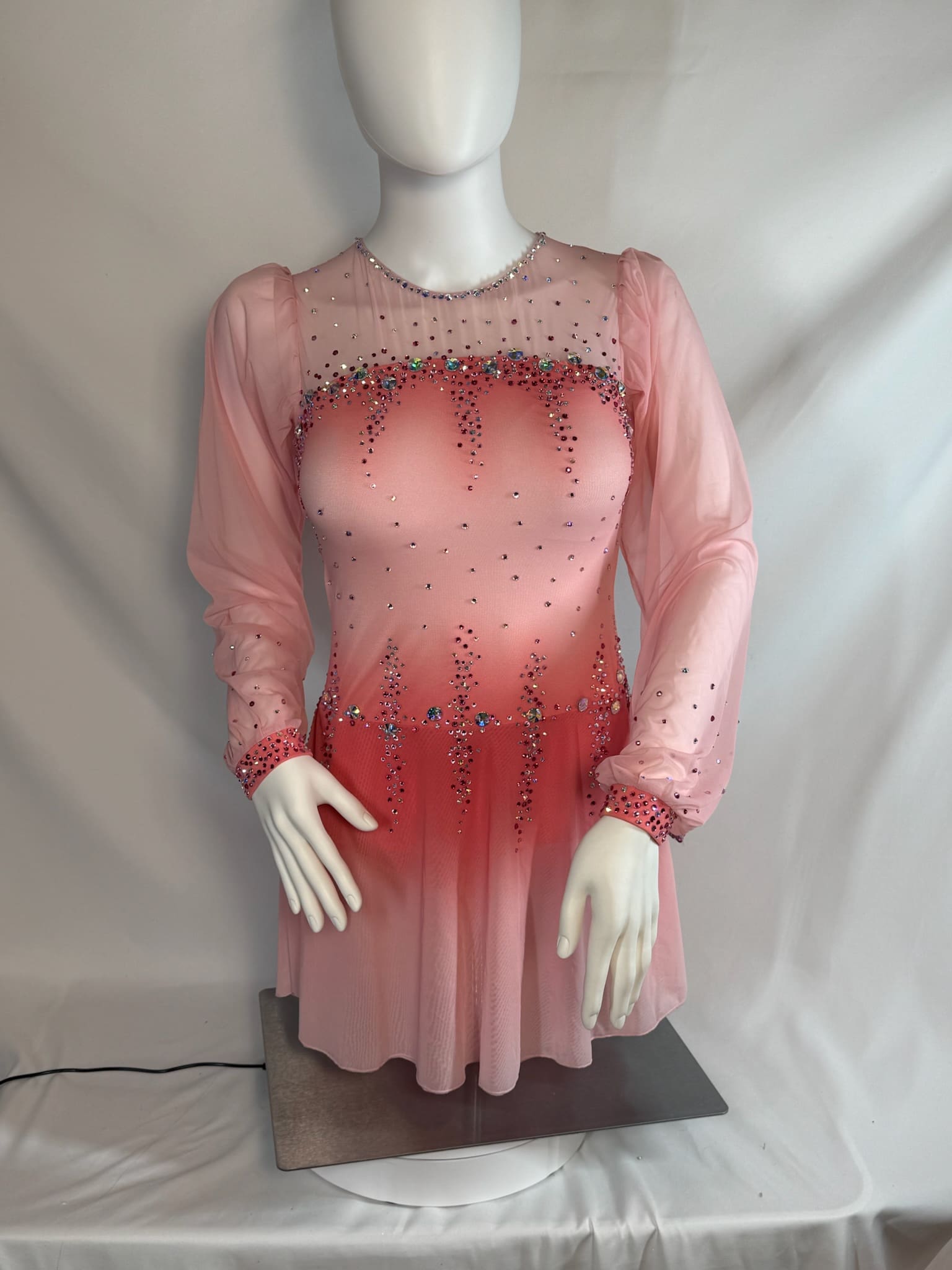 front view of Pink Ombre Rhinestone Long Sleeve Skating Dress