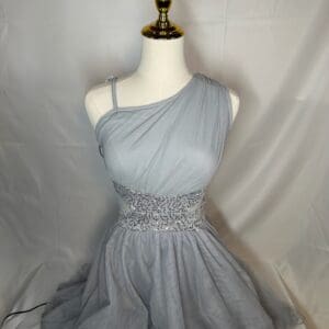 front view of Soft Grey One-Shoulder Sequin Figure Skating Dress with Tulle Skirt