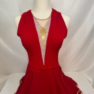 front view of Red Gold Accent Open Back Halter Skating Dress