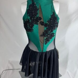 front view of Emerald Green and Black Applique Rhinestone Figure Skating Dress