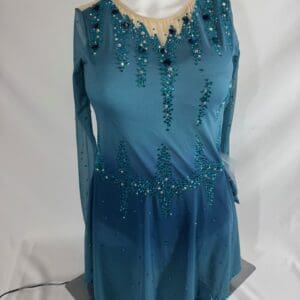 front view of Teal Blue Long Sleeve Rhinestone Keyhole Figure Skating Dress