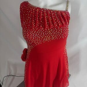 front view of Red One Shoulder Rhinestone Figure Skating Dress
