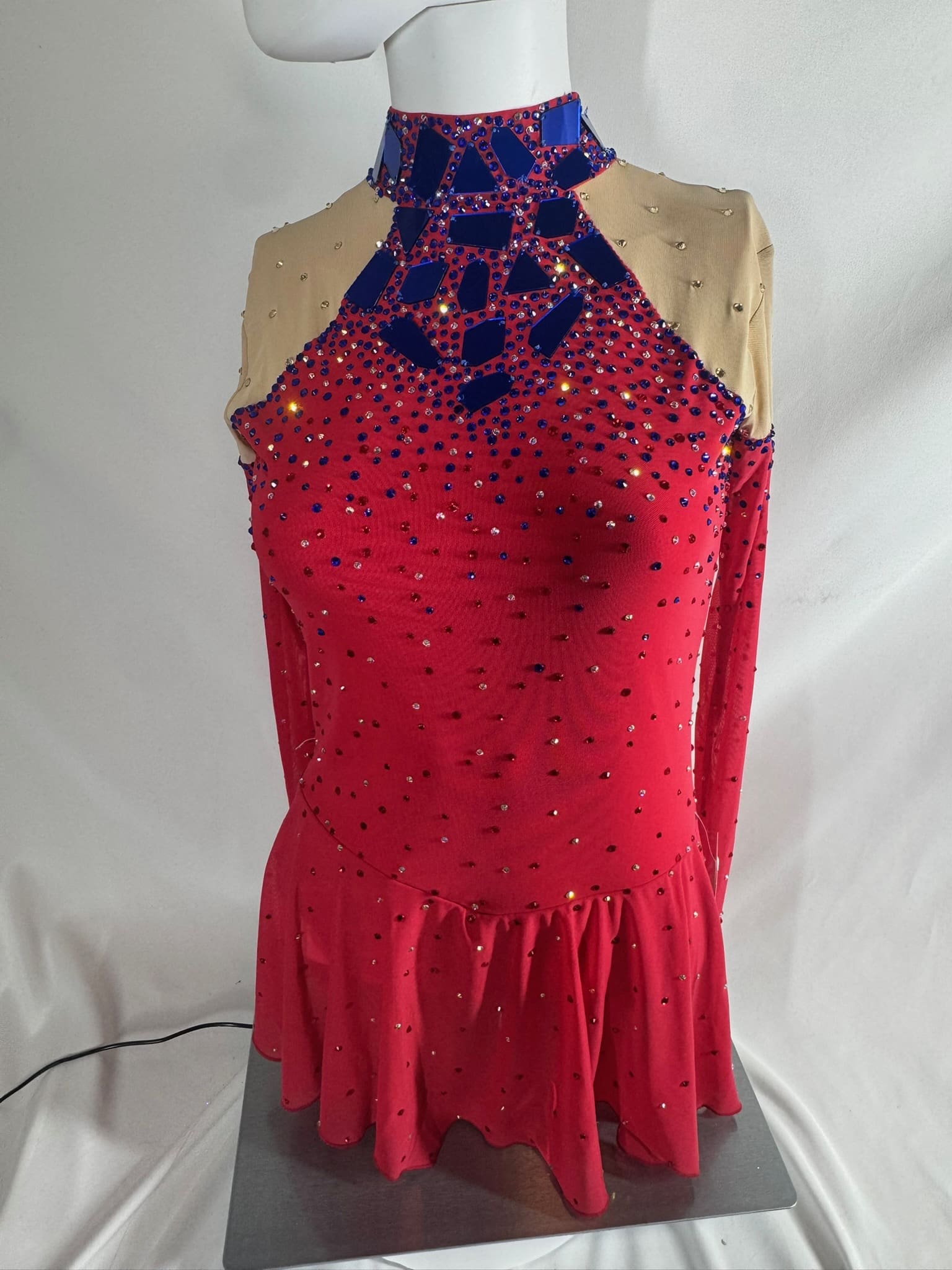 front view of Custom Red High Neck Blue Crystal Figure Skating Dress