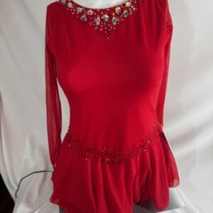 front view of Red Rhinestone Cross Back Long Sleeve Figure Skating Dress