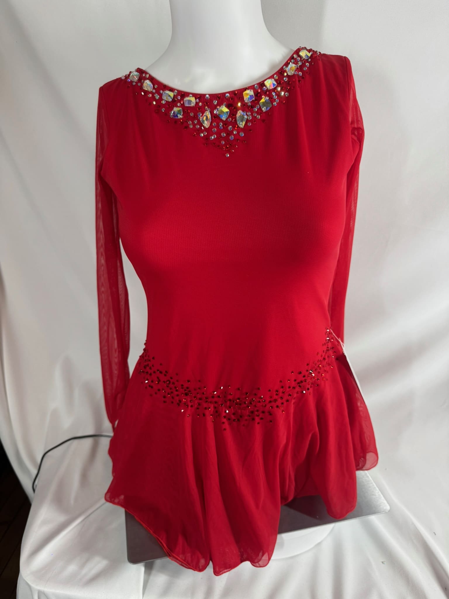 front view of Red Rhinestone Cross Back Long Sleeve Figure Skating Dress