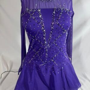 front view of Purple Rhinestone Long Sleeve Skating Dress