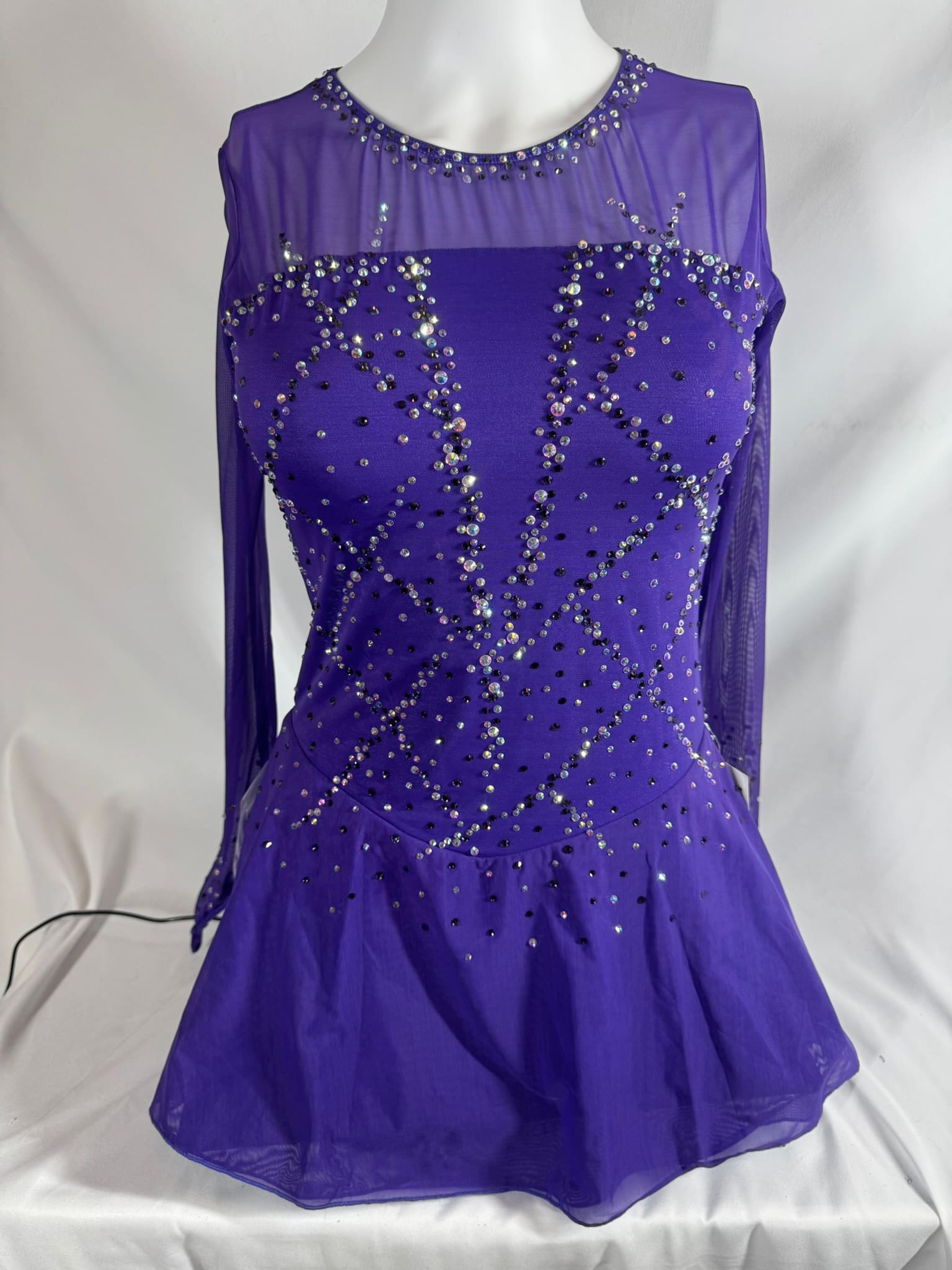front view of Purple Rhinestone Long Sleeve Skating Dress