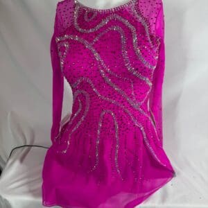 front view of Hot Pink Heavily Stoned Cross Back Figure Skating Dress