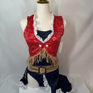 front view of Western Cowgirl Red Bandana Navy Fringe Skating Dress