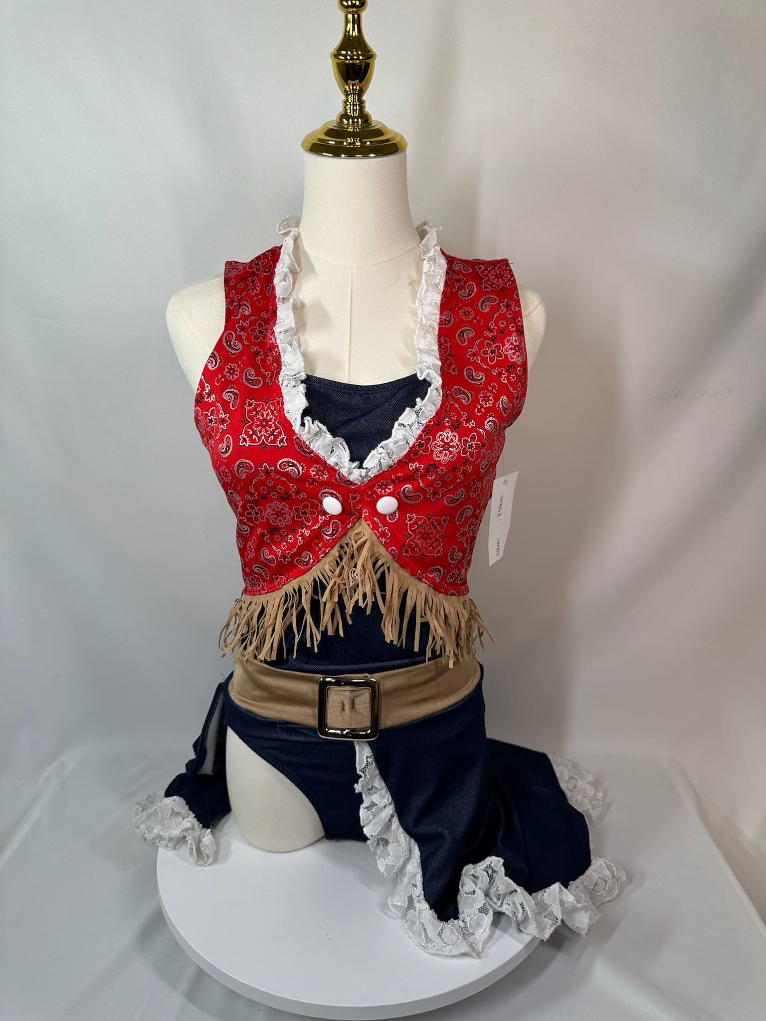front view of Western Cowgirl Red Bandana Navy Fringe Skating Dress