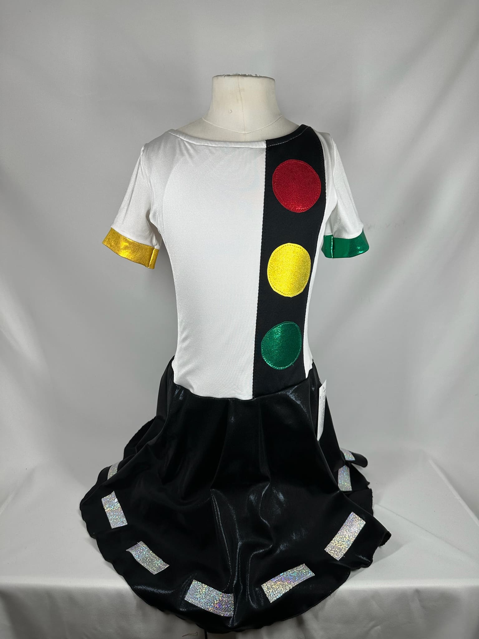 front view of Traffic Light Themed Black White Skating Dress