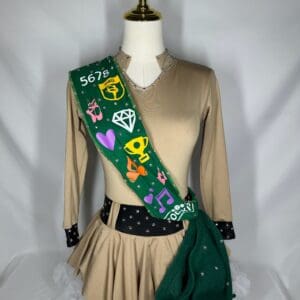 front view of Girl Scout Sash Themed Tan Green Skating Dress