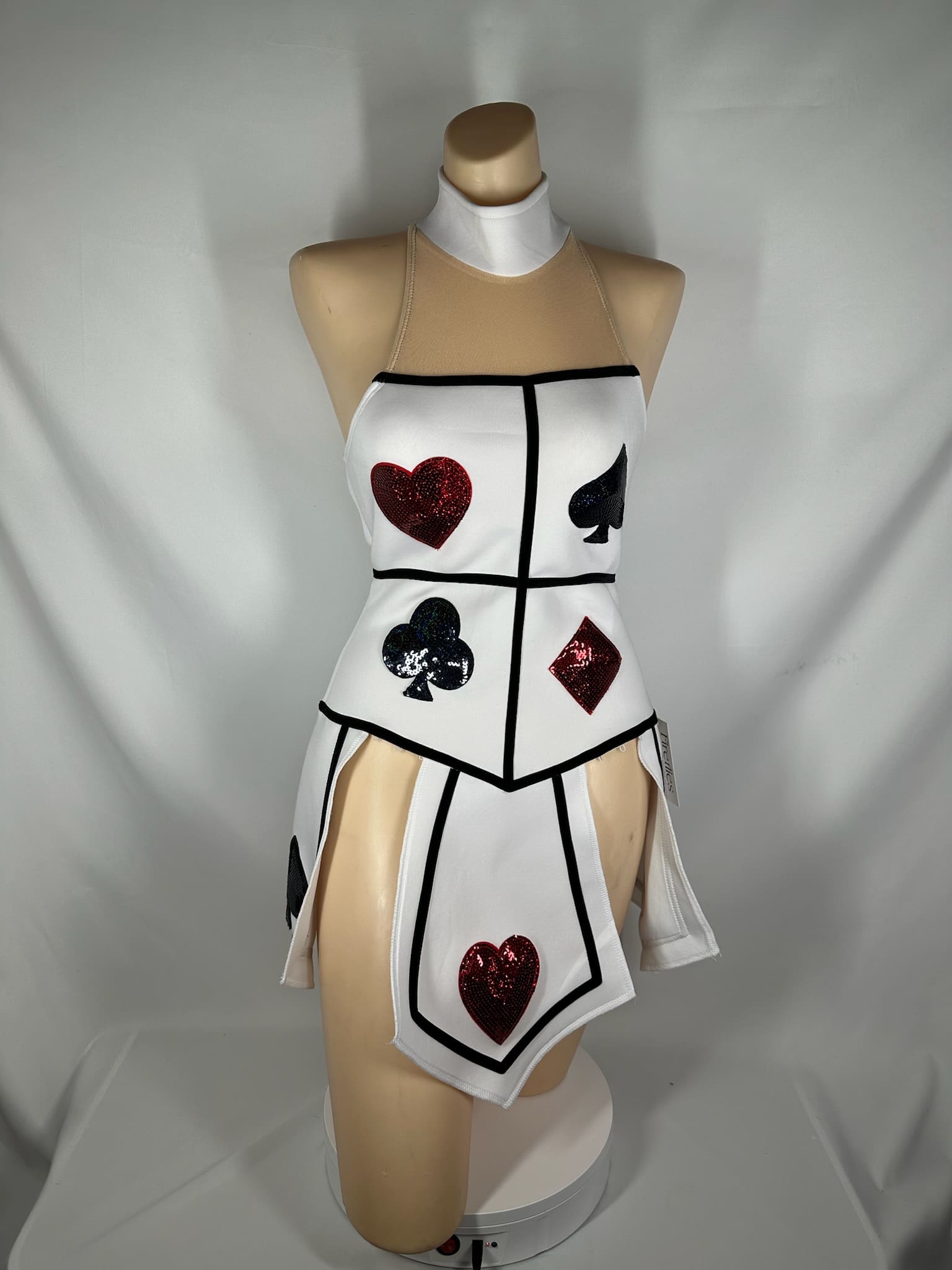 front view of White Playing Card Themed Figure Skating Dress