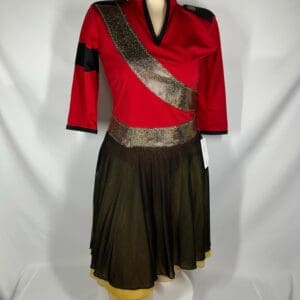 front view of Red Gold Sash Military-Inspired Skating Dress