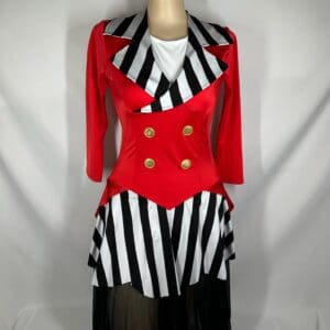 front view of Red Ringmaster Black White Striped Skating Dress