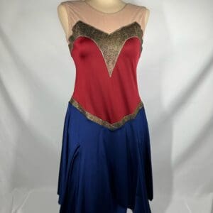 front view of Superhero-Inspired Red Navy Gold Figure Skating Dress