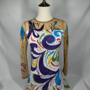 front view of Colorful Swirl Rhinestone White Figure Skating Dress
