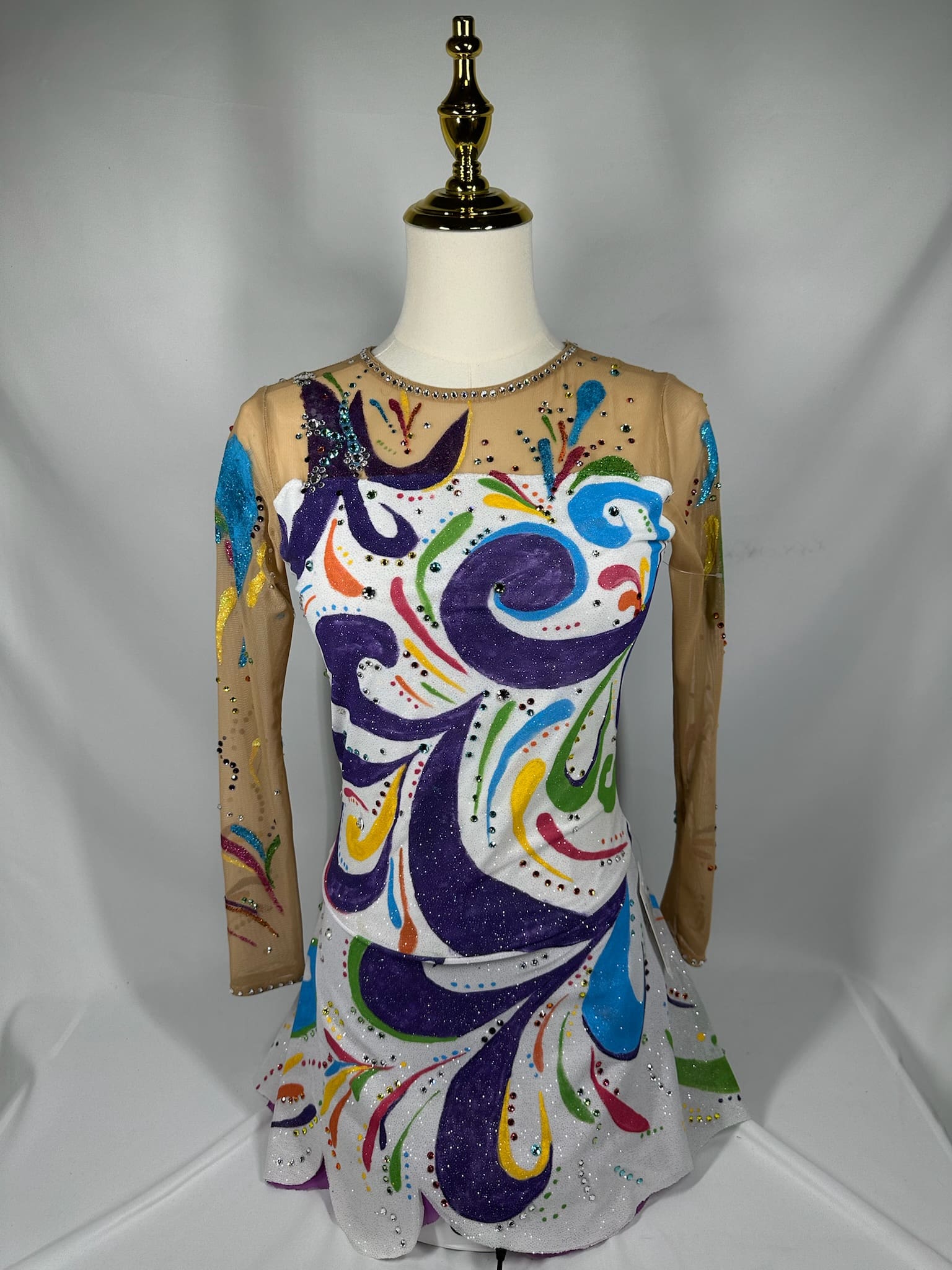 front view of Colorful Swirl Rhinestone White Figure Skating Dress