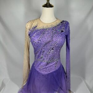 front view of Purple Asymmetrical Rhinestone Drape Figure Skating Dress