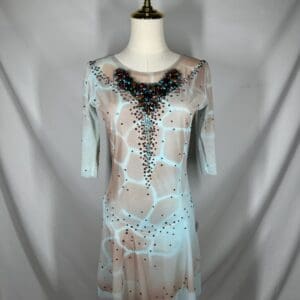 front view of Pale Blue Nude Rhinestone Lyrical Figure Skating Dress