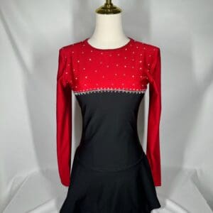front view of Red Black Long Sleeve Rhinestone Figure Skating Dress