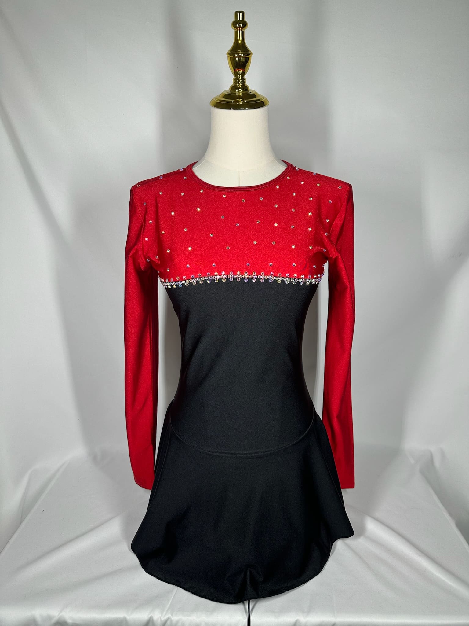 front view of Red Black Long Sleeve Rhinestone Figure Skating Dress