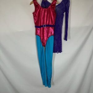 front view of Retro Hot Pink Turquoise Purple Mesh Skating Outfit