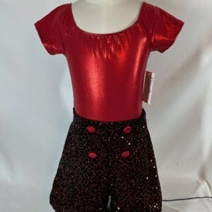 front view of Metallic Red and Black Sequin Shorts Skating Outfit
