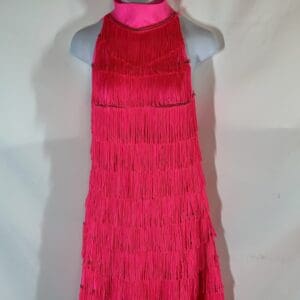 front view of Hot Pink Layered Fringe Figure Skating Dress