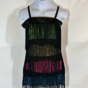 front view of Black Fringe Multicolor Sequin Figure Skating Dress