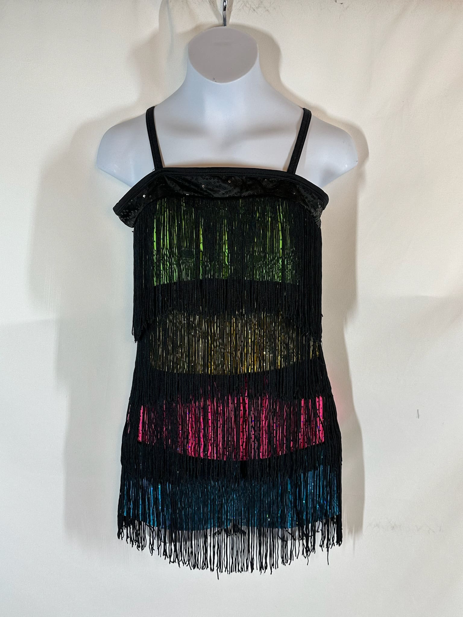 front view of Black Fringe Multicolor Sequin Figure Skating Dress