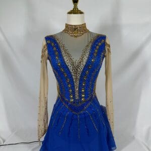 front view of Royal Blue And Gold Rhinestone Long Sleeve Skating Dress