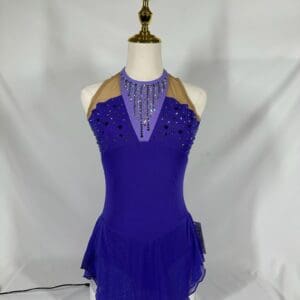 front view of Purple Halter Rhinestone Skating Dress