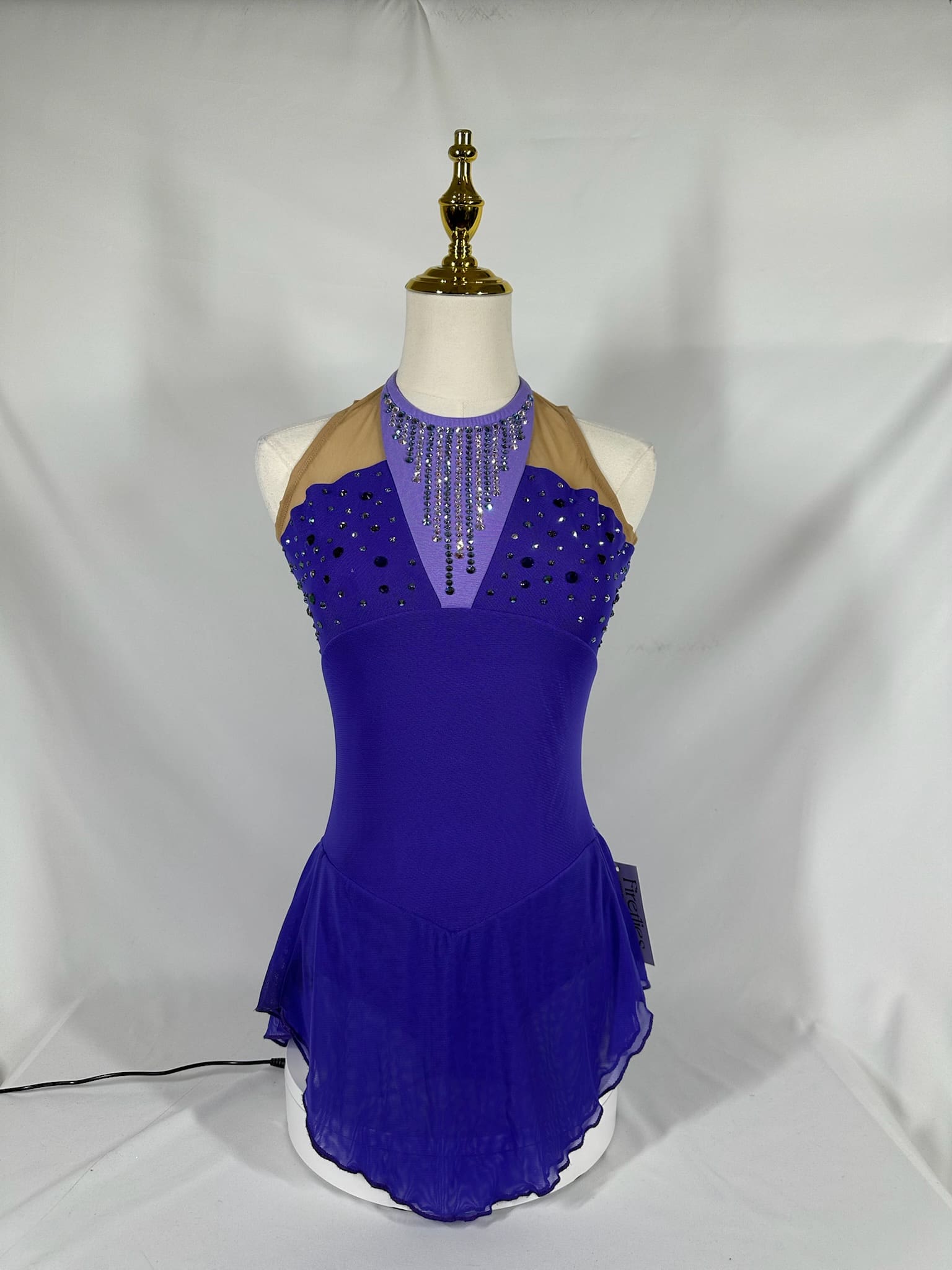 front view of Purple Halter Rhinestone Skating Dress