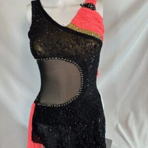 front view of Black Lace And Coral One Shoulder Skating Dress