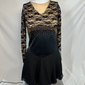 front view of Black Lace Nude Illusion Long Sleeve Figure Skating Dress