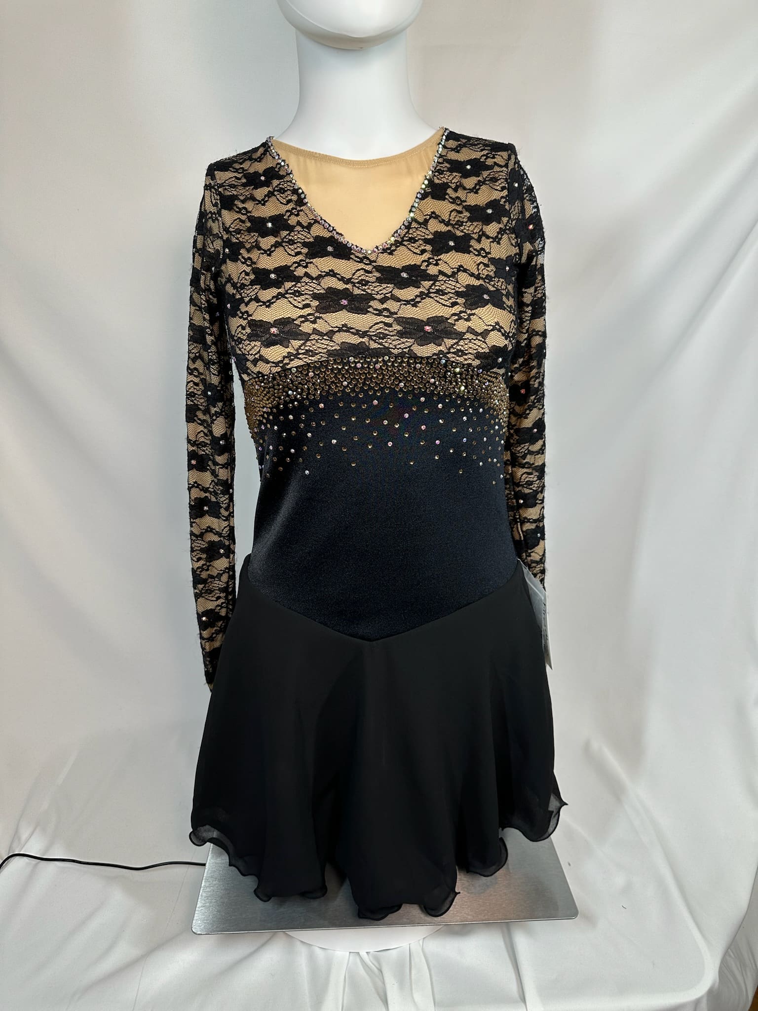 front view of Black Lace Nude Illusion Long Sleeve Figure Skating Dress