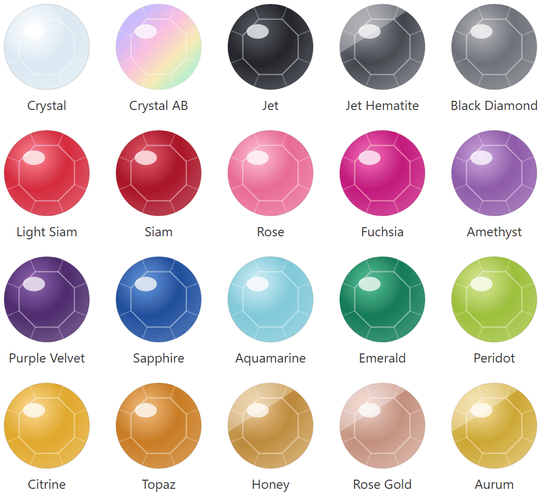A working rhinestone palette. Names follow the supplier vocabulary you will meet on a spec sheet.
